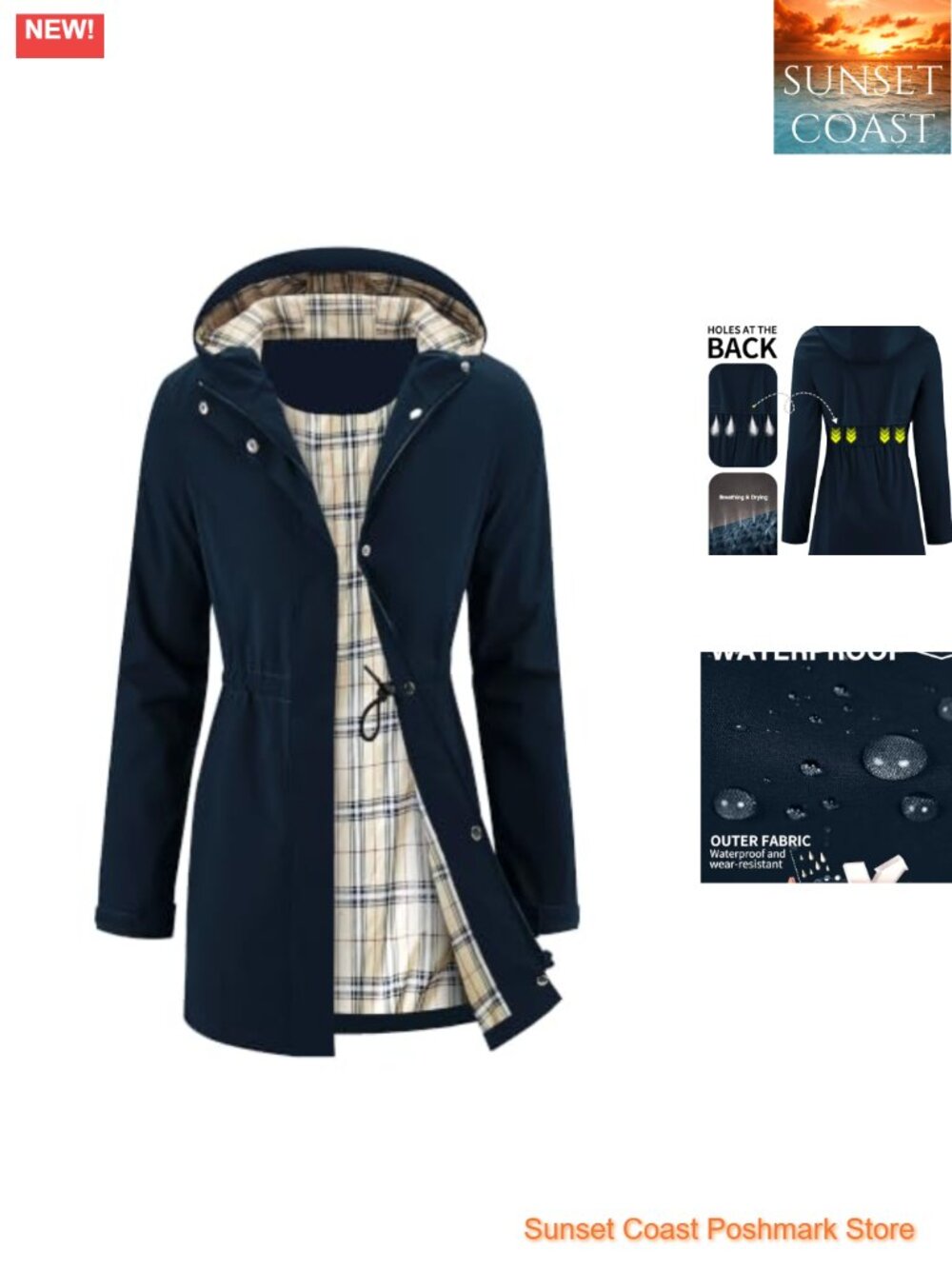 Women's Long Waterproof Packable Hooded Rain Jacket Windbreaker